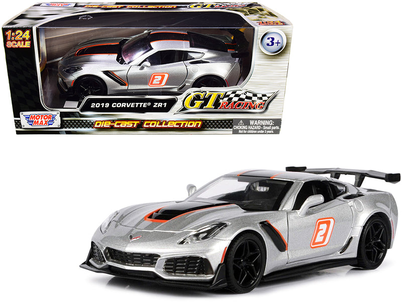 2019 Chevrolet Corvette ZR1 #2 Silver with Black and Orange Stripes "GT Racing" Series 1/24 Diecast Model Car by Motormax-DiecastModeler.com