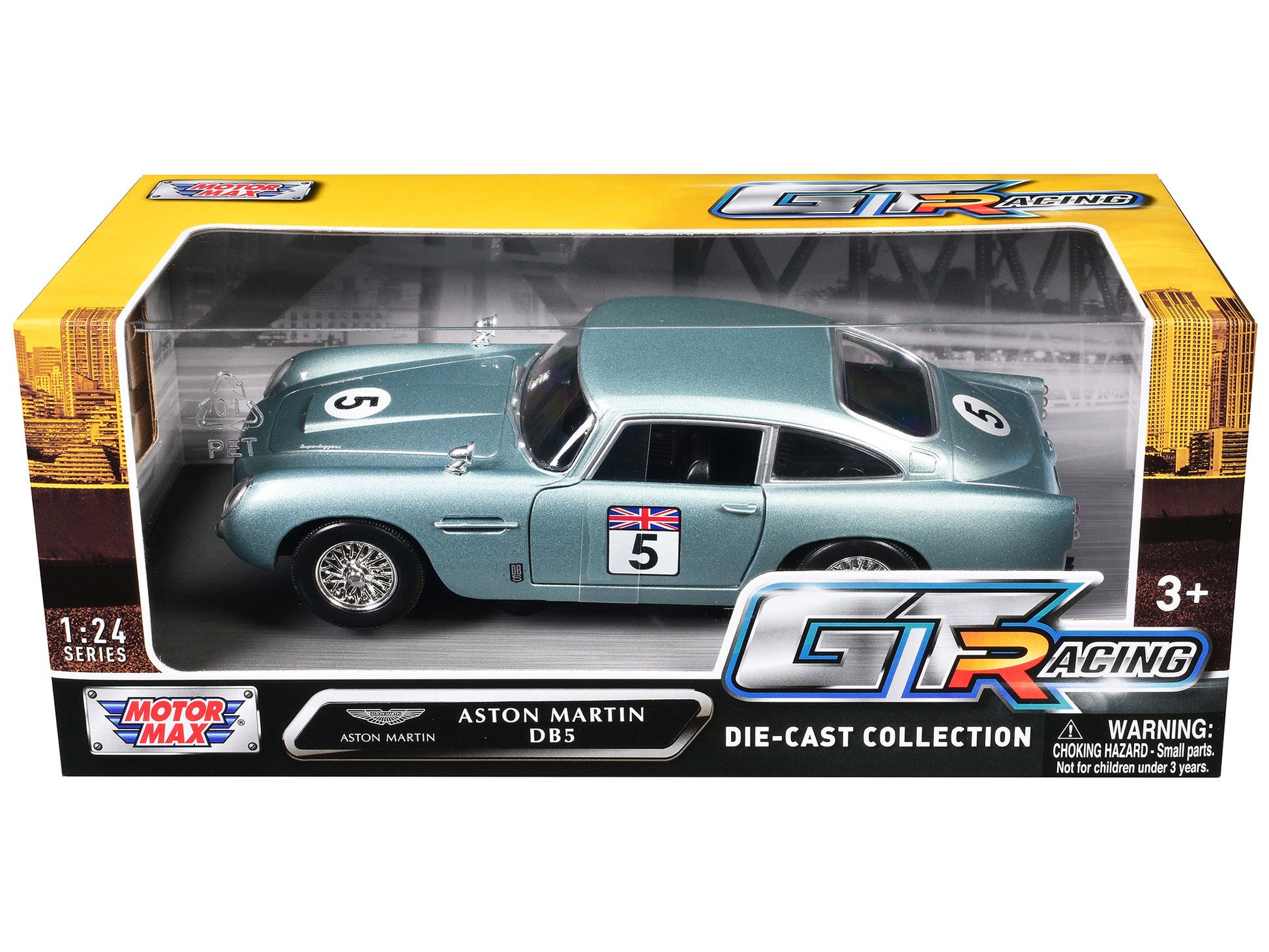 Aston Martin DB5 RHD (Right Hand Drive) #5 Light Blue Metallic "GT Racing" Series 1/24 Diecast Model Car by Motormax-DiecastModeler.com