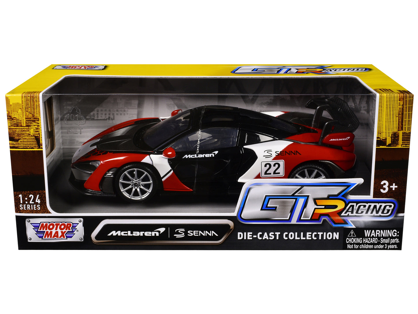 McLaren Senna #22 Black with Red and White Graphics "GT Racing" Series 1/24 Diecast Model Car by Motormax-DiecastModeler.com
