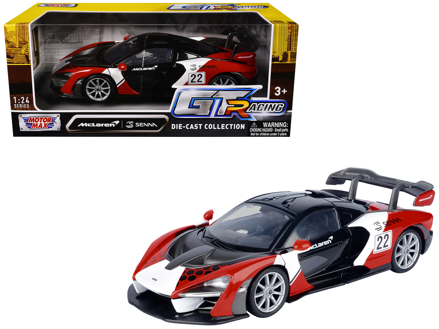 McLaren Senna #22 Black with Red and White Graphics "GT Racing" Series 1/24 Diecast Model Car by Motormax-DiecastModeler.com