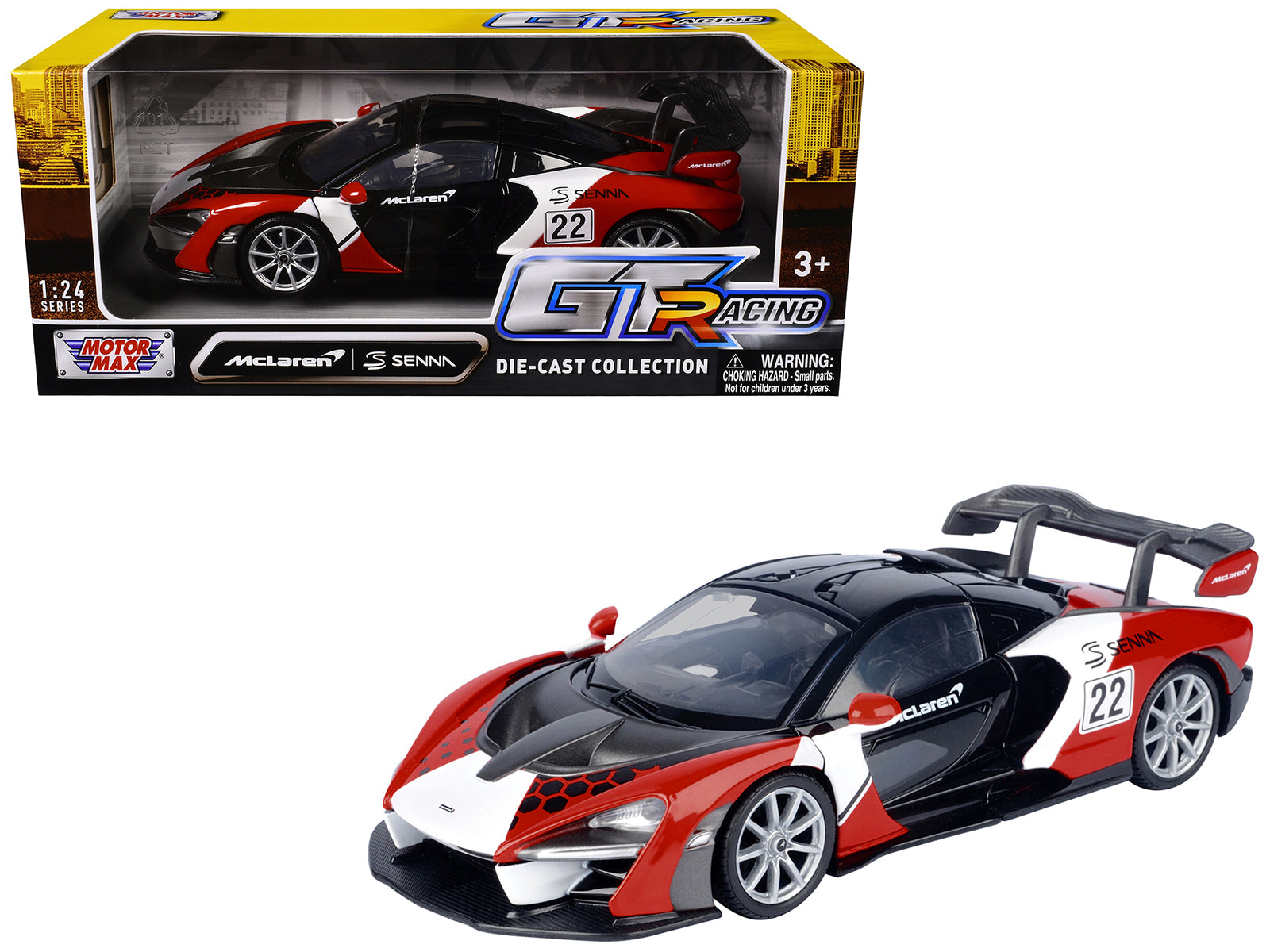 McLaren Senna #22 Black with Red and White Graphics "GT Racing" Series 1/24 Diecast Model Car by Motormax-DiecastModeler.com