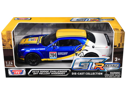 2018 Dodge Challenger SRT Hellcat Widebody #284 Blue Metallic and White with Yellow Graphics "GT Racing" Series 1/24 Diecast Model Car by Motormax-DiecastModeler.com