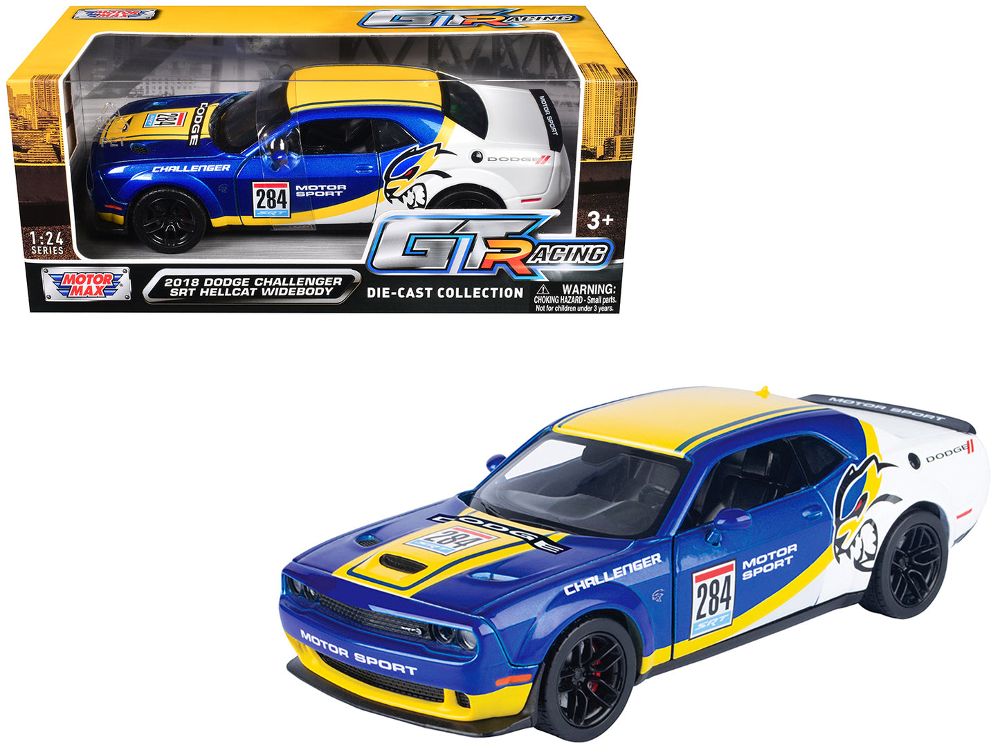 2018 Dodge Challenger SRT Hellcat Widebody #284 Blue Metallic and White with Yellow Graphics "GT Racing" Series 1/24 Diecast Model Car by Motormax-DiecastModeler.com