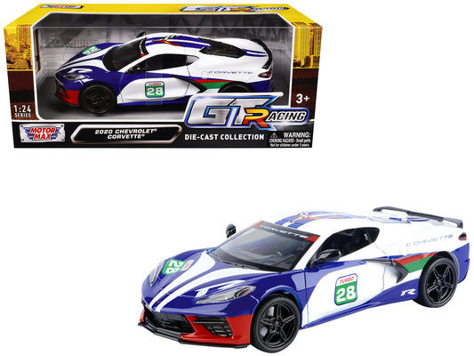2020 Chevrolet Corvette #28 White with Blue Graphics "GT Racing" Series 1/24 Diecast Model Car by Motormax-DiecastModeler.com