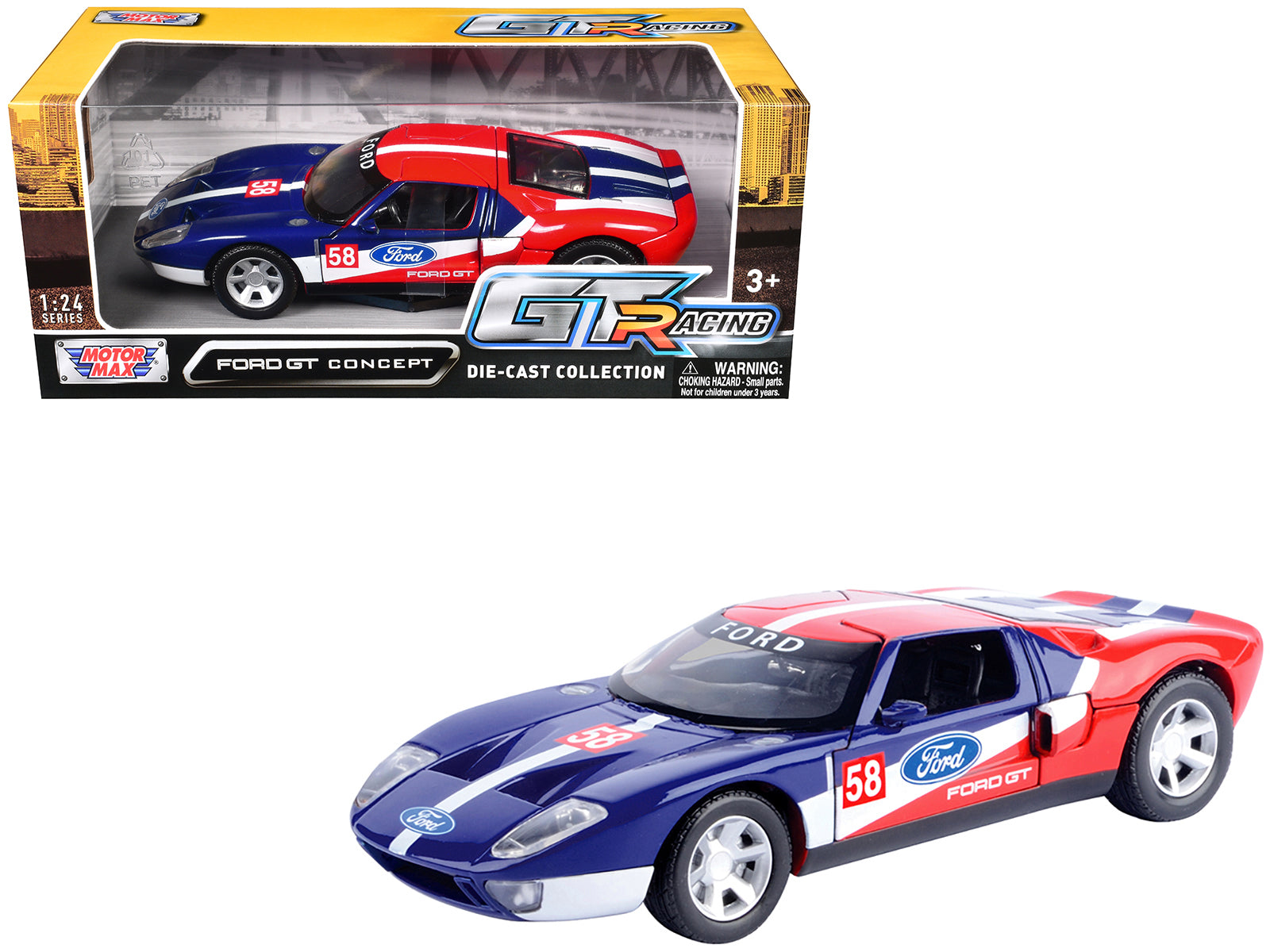 Ford GT Concept #58 Blue and Red with White Stripes "GT Racing" Series 1/24 Diecast Model Car by Motormax-DiecastModeler.com