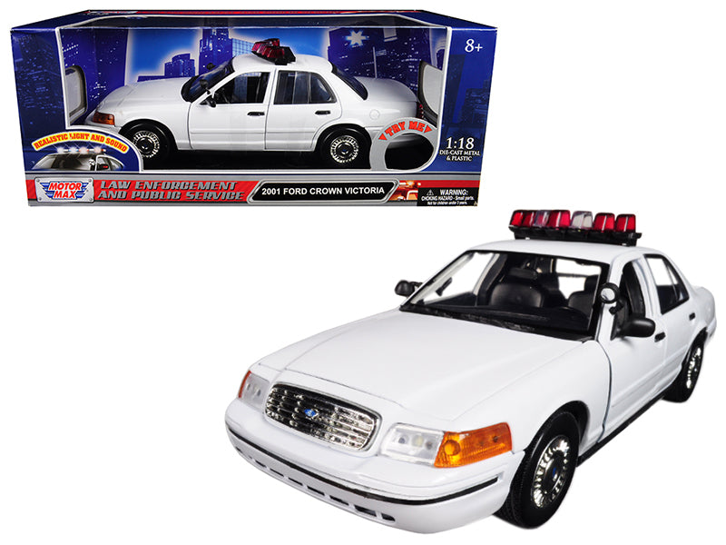 2001 Ford Crown Victoria Police Car Plain White with Flashing Light Bar and Front and Rear Lights and Sounds 1/18 Diecast Model Car by Motormax-DiecastModeler.com