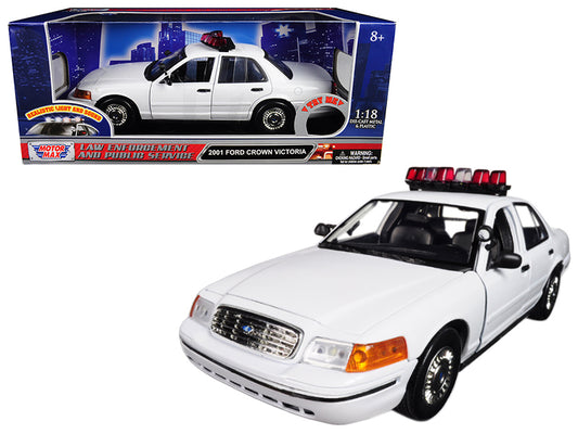 2001 Ford Crown Victoria Police Car Plain White with Flashing Light Bar and Front and Rear Lights and Sounds 1/18 Diecast Model Car by Motormax-DiecastModeler.com