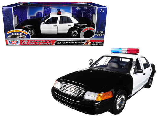 2001 Ford Crown Victoria Police Car Plain Black & White with Flashing Light Bar & Front and Rear Lights and Sound 1/18 Diecast Model Car by Motormax-DiecastModeler.com