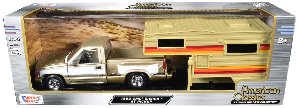 1992 GMC Sierra GT Pickup Truck Gold Metallic with White Sides with Camper Shell "American Classics" Series 1/24 Diecast Model Car by Motormax-DiecastModeler.com