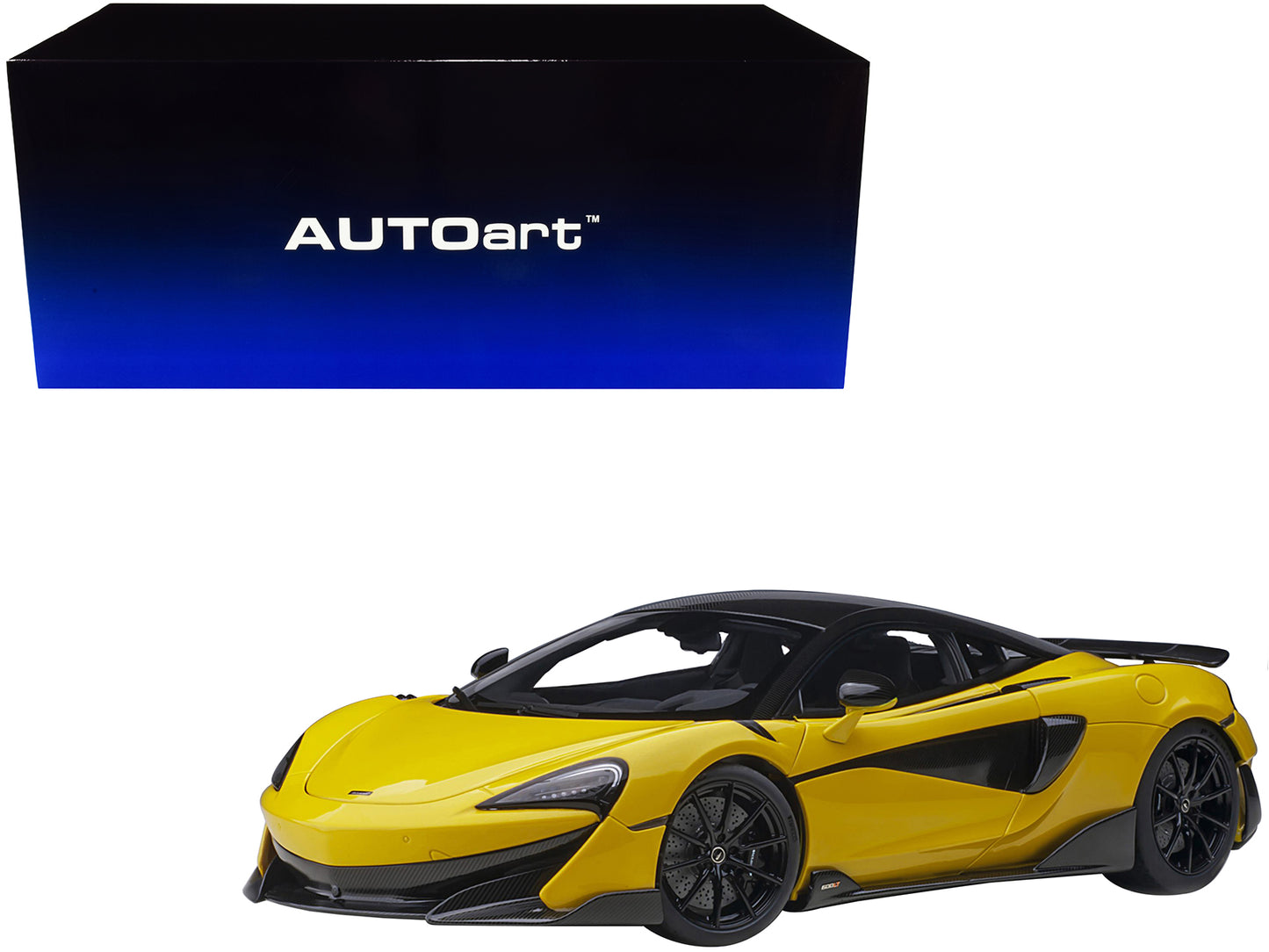 Mclaren 600LT Sicilian Yellow and Carbon 1/18 Model Car by Autoart-DiecastModeler.com