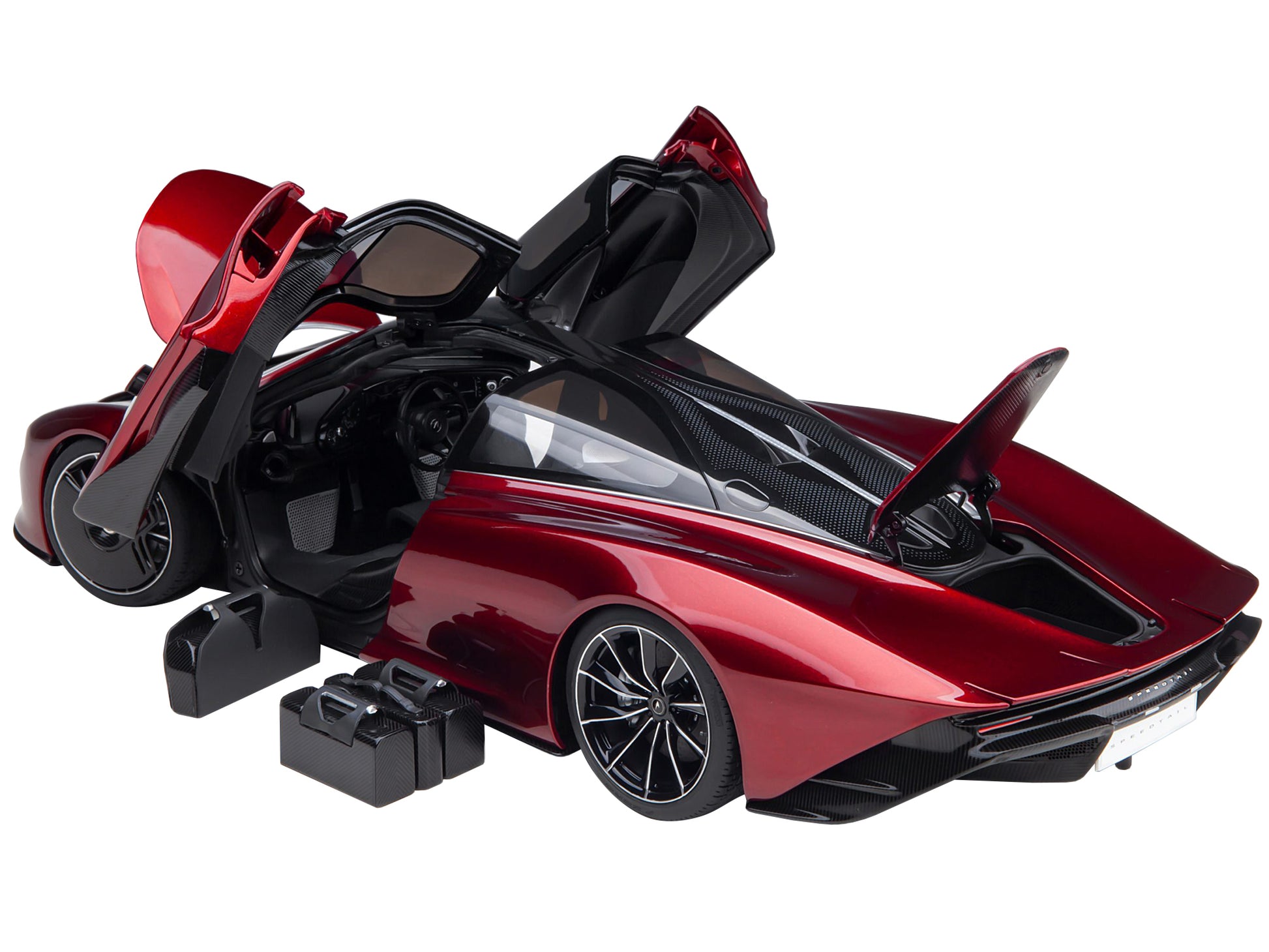 McLaren Speedtail Volcano Red Metallic with Black Top and Suitcase Accessories 1/18 Model Car by Autoart-DiecastModeler.com