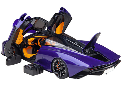 McLaren Speedtail Lantana Purple Metallic with Black Top and Yellow Interior and Suitcase Accessories  1/18 Model Car by Autoart-DiecastModeler.com