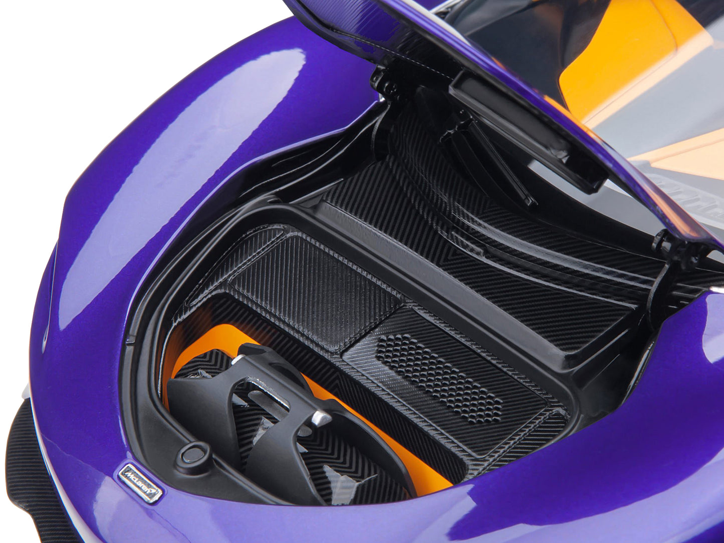 McLaren Speedtail Lantana Purple Metallic with Black Top and Yellow Interior and Suitcase Accessories  1/18 Model Car by Autoart-DiecastModeler.com