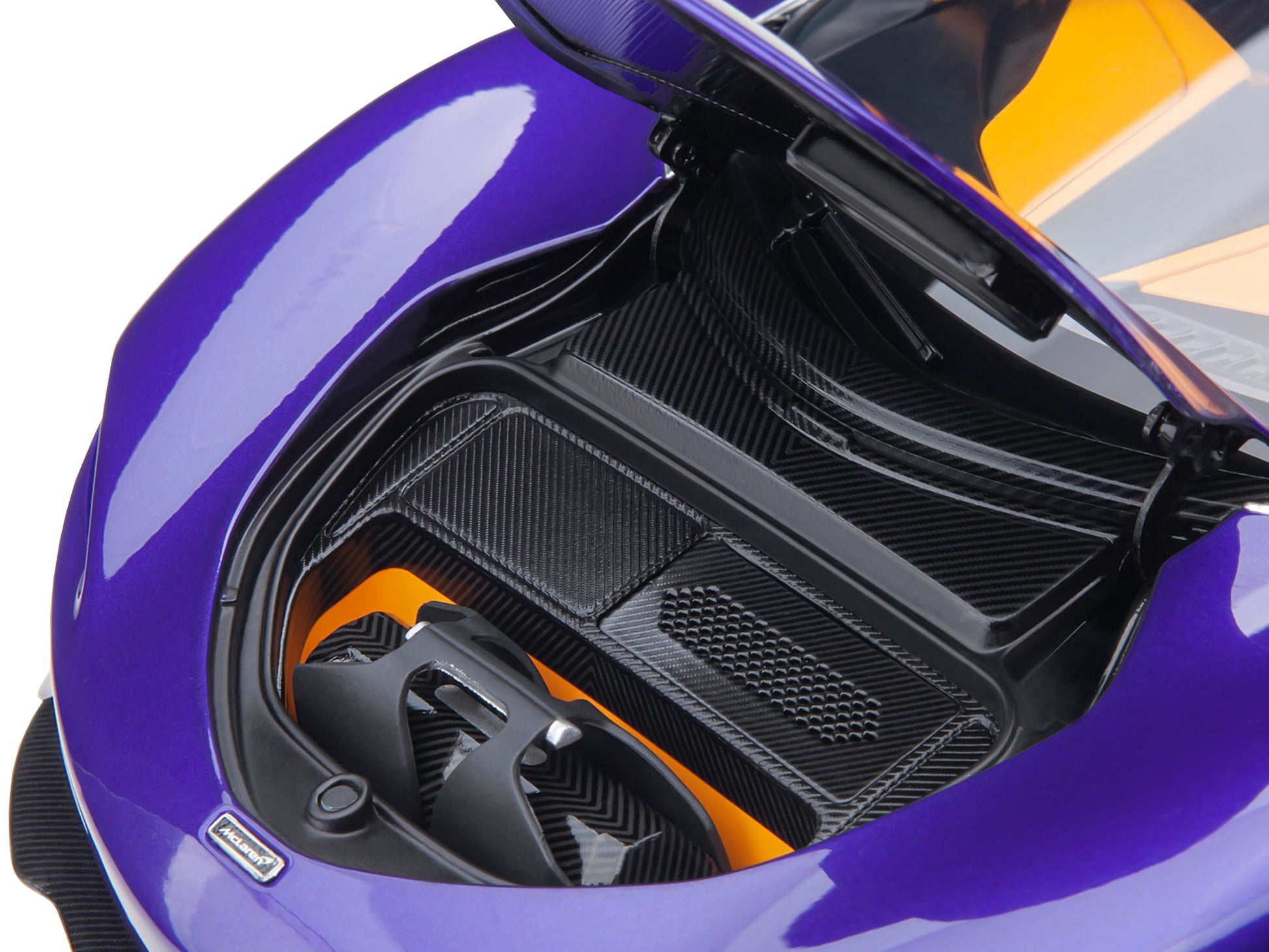 McLaren Speedtail Lantana Purple Metallic with Black Top and Yellow Interior and Suitcase Accessories  1/18 Model Car by Autoart-DiecastModeler.com