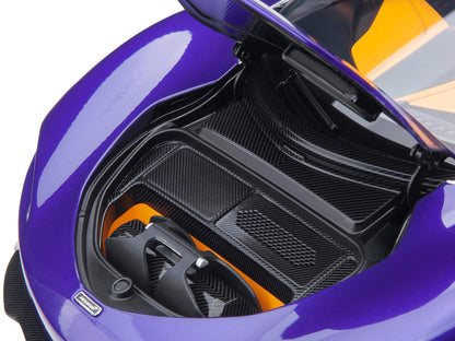 McLaren Speedtail Lantana Purple Metallic with Black Top and Yellow Interior and Suitcase Accessories  1/18 Model Car by Autoart-DiecastModeler.com