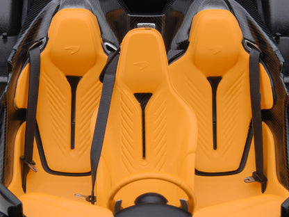 McLaren Speedtail Lantana Purple Metallic with Black Top and Yellow Interior and Suitcase Accessories  1/18 Model Car by Autoart-DiecastModeler.com