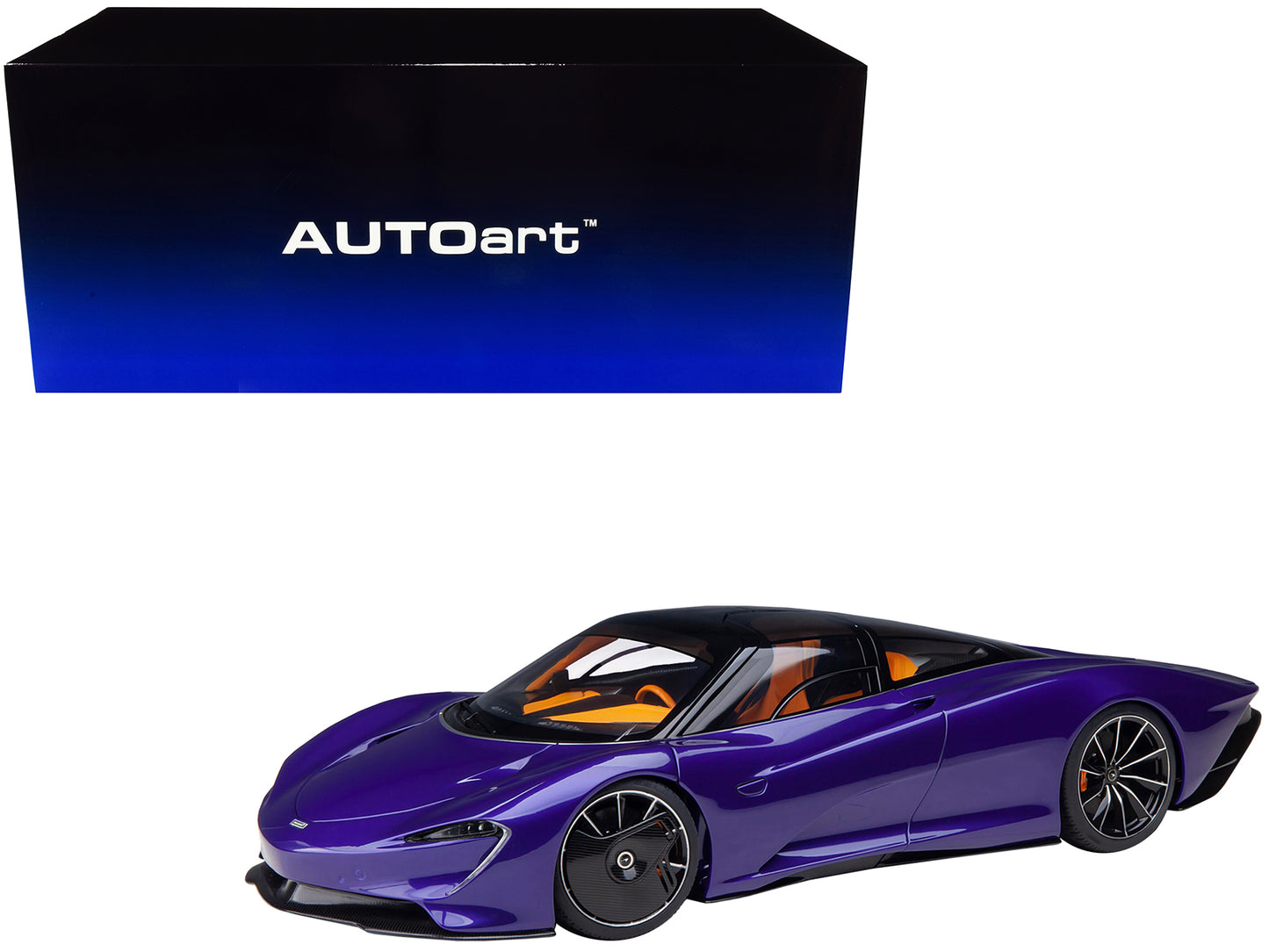 McLaren Speedtail Lantana Purple Metallic with Black Top and Yellow Interior and Suitcase Accessories  1/18 Model Car by Autoart-DiecastModeler.com