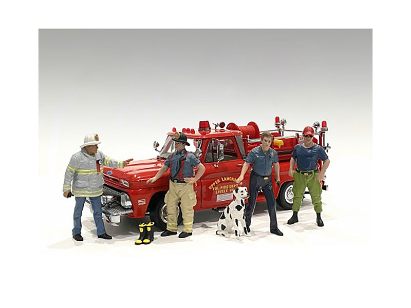 "Firefighters" 6 piece Figure Set (4 Males 1 Dog 1 Accessory) for 1/24 Scale Models by American Diorama-DiecastModeler.com