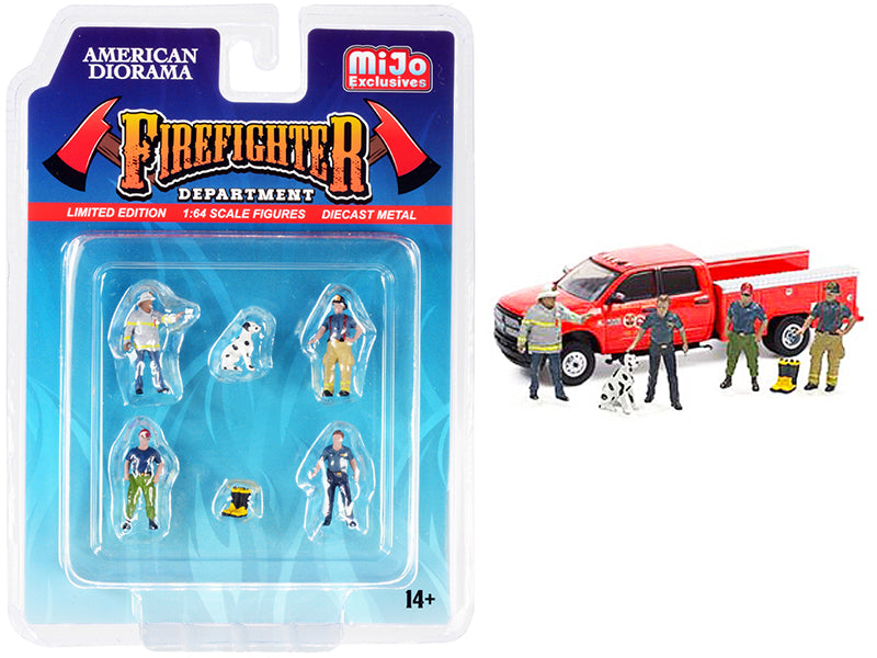 "Firefighter II" 6 piece Diecast Set (4 Figurines 1 Dog and 1 Accessory) for 1/64 Scale Models by American Diorama-DiecastModeler.com