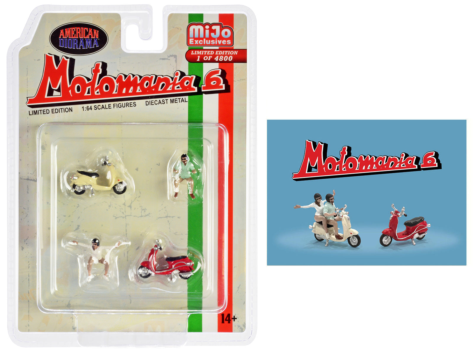 "Motomania 6" 4 piece Diecast Figure Set (2 Figures 2 Scooters) Limited Edition to 4800 pieces Worldwide 1/64 Scale Models by American Diorama-DiecastModeler.com