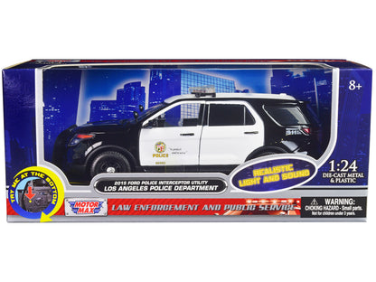 2015 Ford Police Interceptor Utility Black and White "Los Angeles Police Department (LAPD)" with Flashing Light Bar and Front and Rear Lights and Sounds 1/24 Diecast Model Car by Motormax