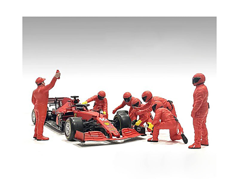 Formula One F1 Pit Crew 7 Figure Set Team Red Release III for 1/18 Scale Models by American Diorama-DiecastModeler.com