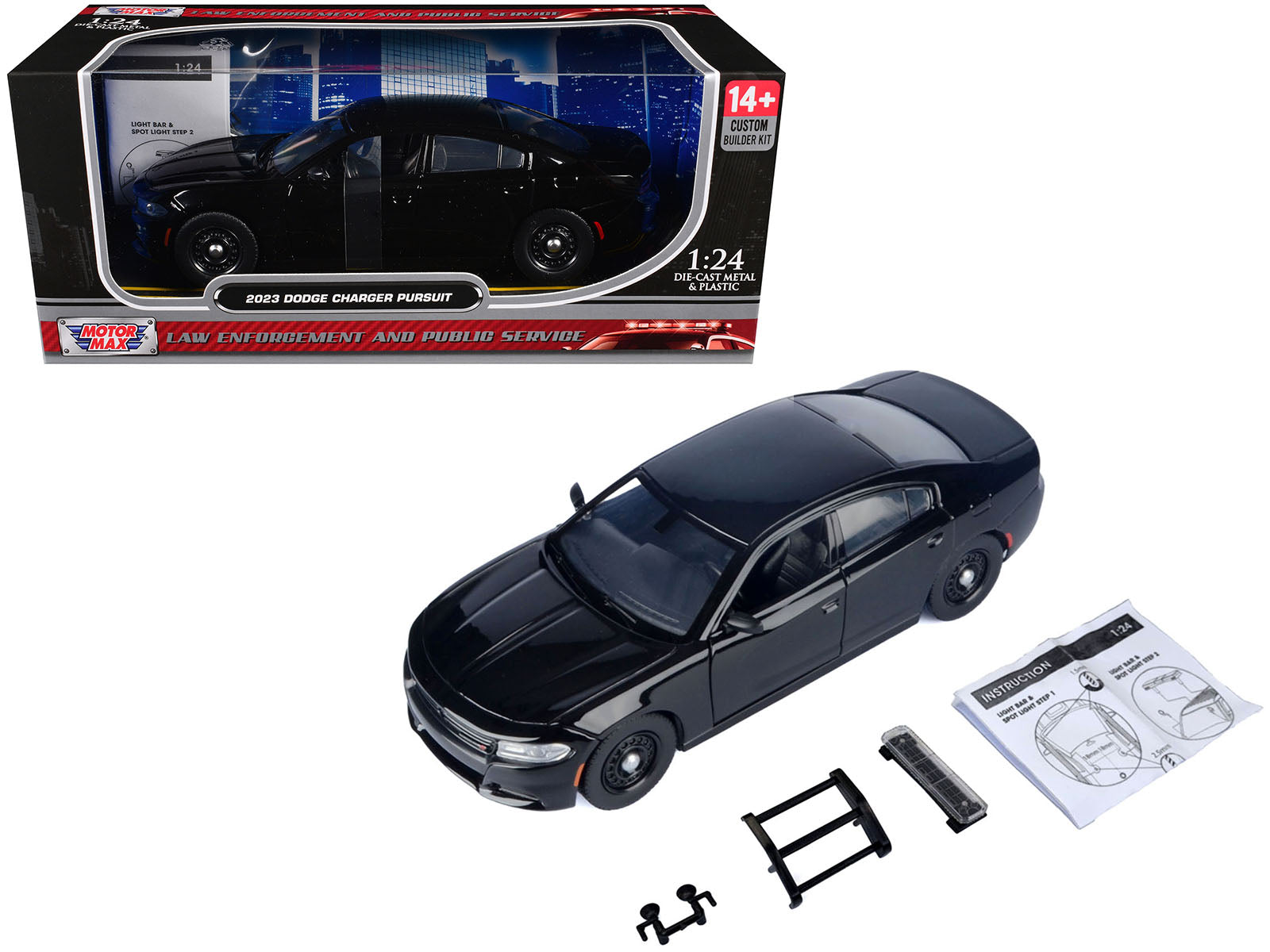 2023 Dodge Charger Pursuit Police Car Black "Custom Builder's Kit - Law Enforcement and Public Service" Series 1/24 Diecast Model Car by Motormax-DiecastModeler.com