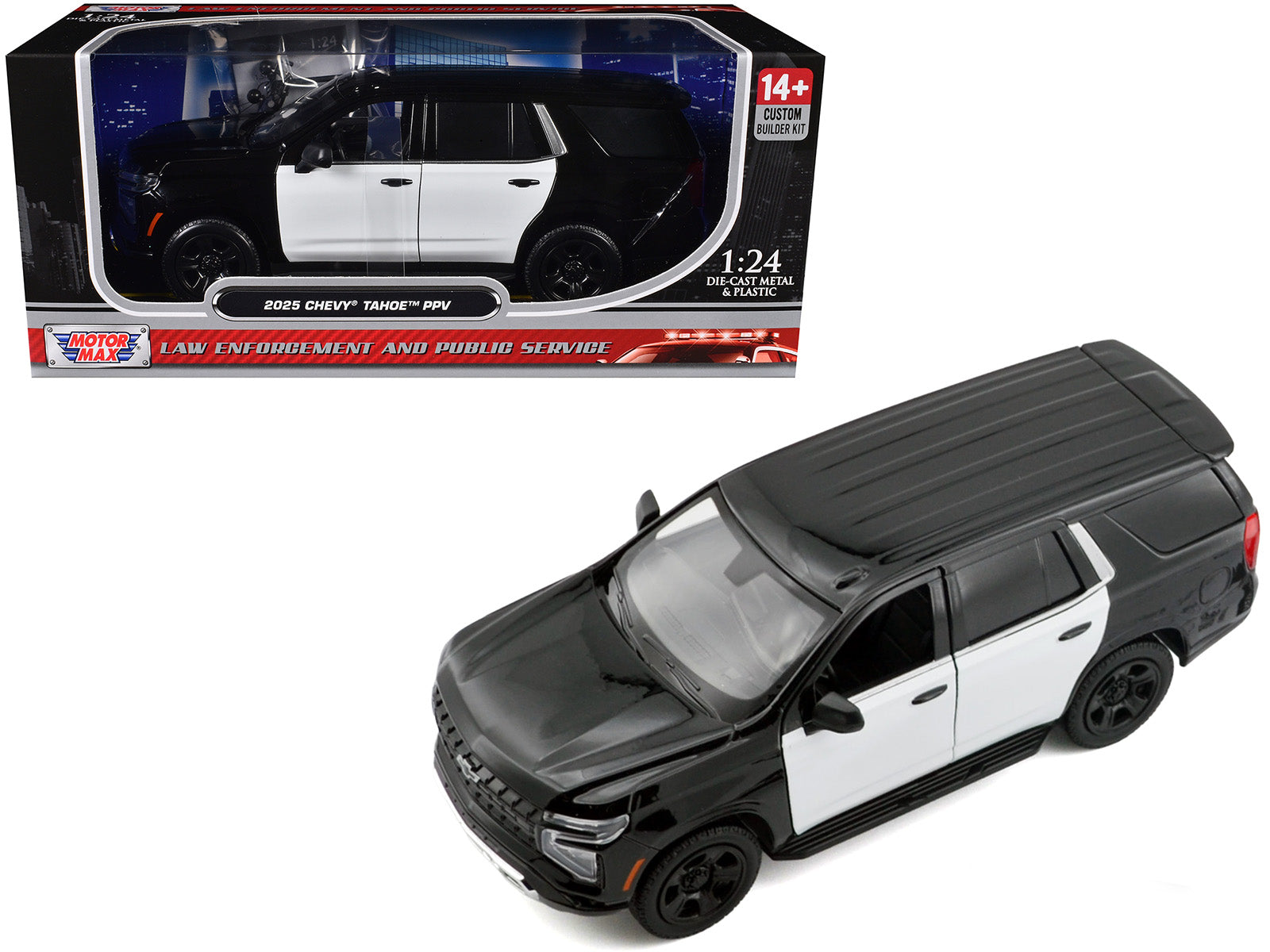 2025 Chevrolet Tahoe PPV Black and White "Custom Builder's Kit - Law Enforcement and Public Service" Series 1/24 Diecast Model Car by Motormax-DiecastModeler.com