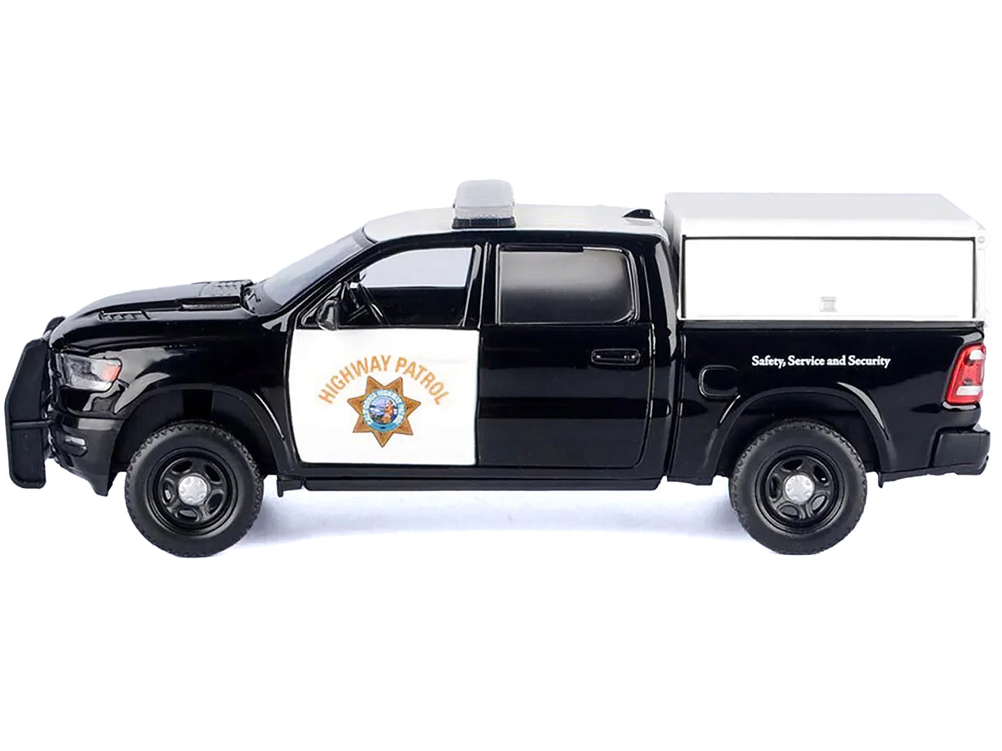 2019 RAM 1500 Laramine Crew Cab Pickup Truck "California Highway Patrol" Black and White with Truck Bed Camper "Law Enforcement and Public Service" Series 1/27 Diecast Model Car by Motormax