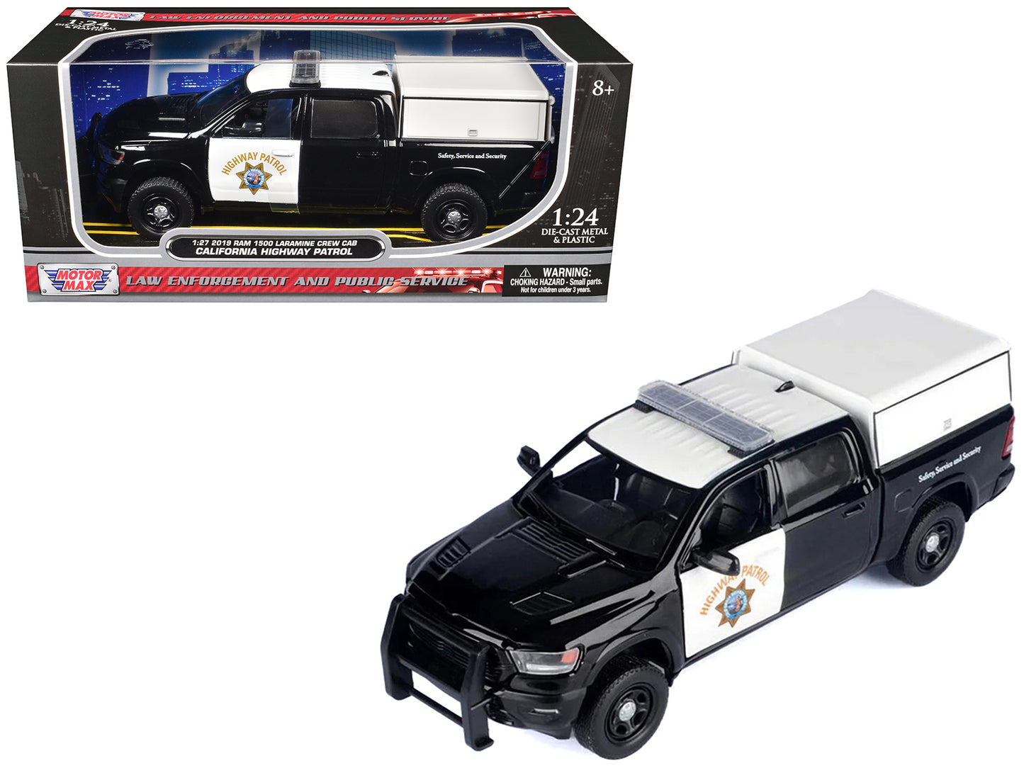 2019 RAM 1500 Laramine Crew Cab Pickup Truck "California Highway Patrol" Black and White with Truck Bed Camper "Law Enforcement and Public Service" Series 1/27 Diecast Model Car by Motormax