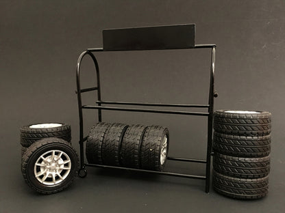 Metal Tire Rack with Rims and Tires for 1/24 Scale Models by American Diorama-DiecastModeler.com