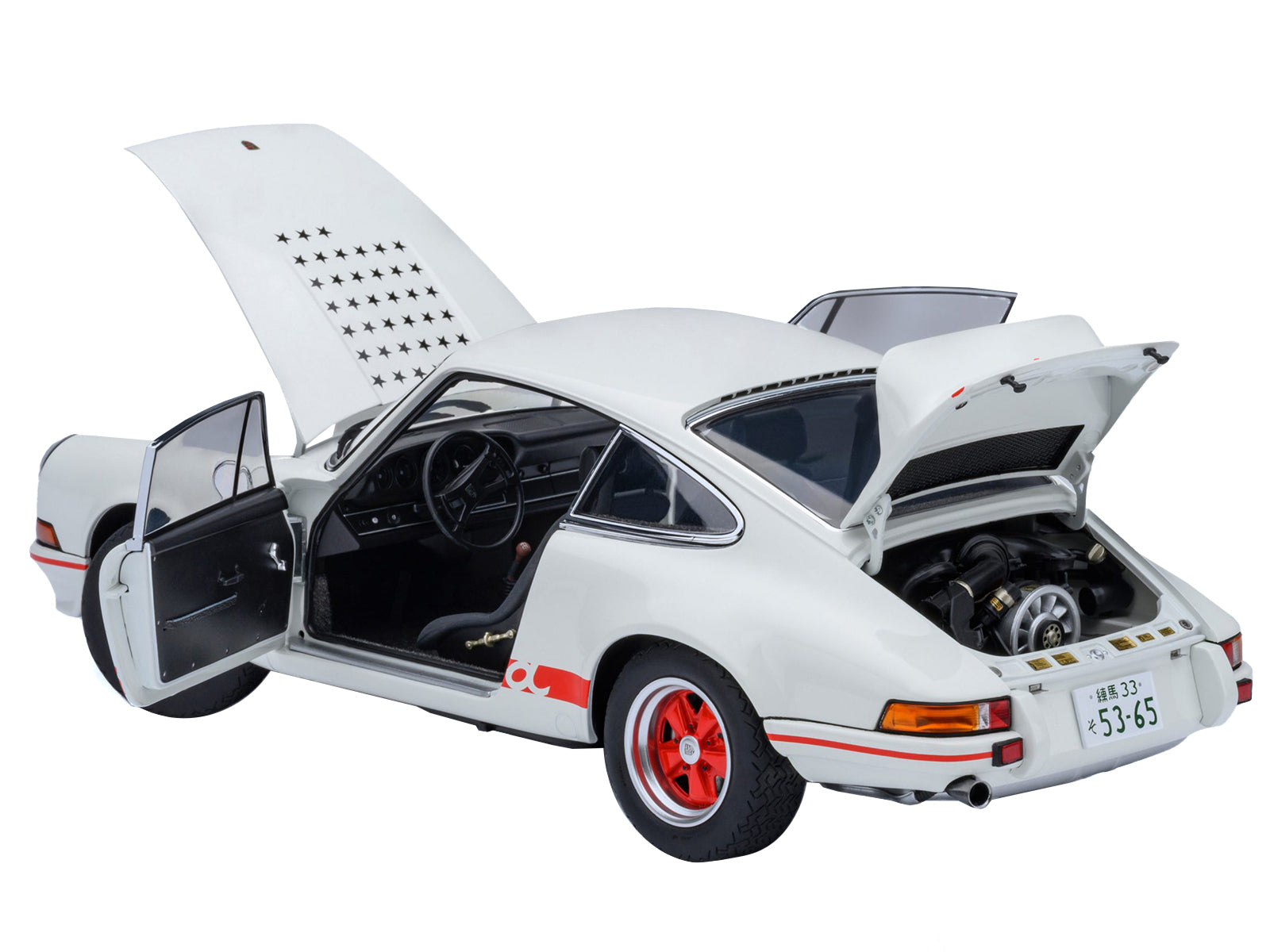 Porsche 911 Carrera 2.7 RS "The Circuit Wolf" White with Red Stripes and Wheels with Hood Graphics 1/18 Model Car by Autoart-DiecastModeler.com