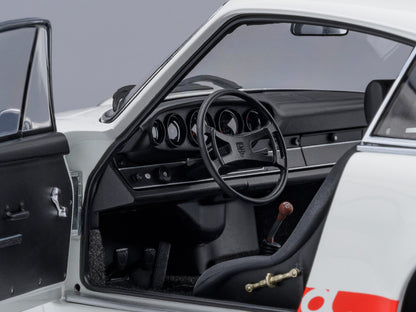 Porsche 911 Carrera 2.7 RS "The Circuit Wolf" White with Red Stripes and Wheels with Hood Graphics 1/18 Model Car by Autoart-DiecastModeler.com