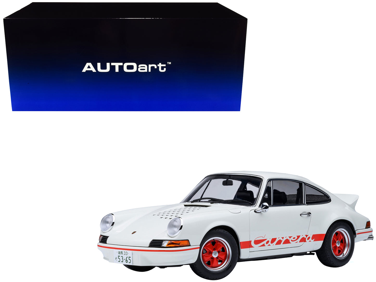 Porsche 911 Carrera 2.7 RS "The Circuit Wolf" White with Red Stripes and Wheels with Hood Graphics 1/18 Model Car by Autoart-DiecastModeler.com