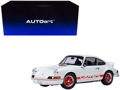 Porsche 911 Carrera 2.7 RS "The Circuit Wolf" White with Red Stripes and Wheels with Hood Graphics 1/18 Model Car by Autoart-DiecastModeler.com