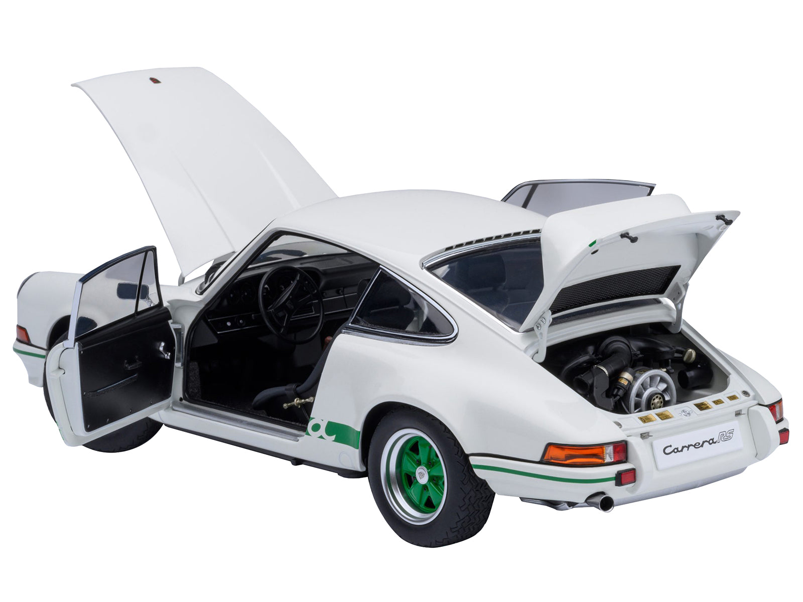 Porsche 911 Carrera 2.7 RS Grand Prix White with Green Stripes and Wheels 1/18 Model Car by Autoart-DiecastModeler.com
