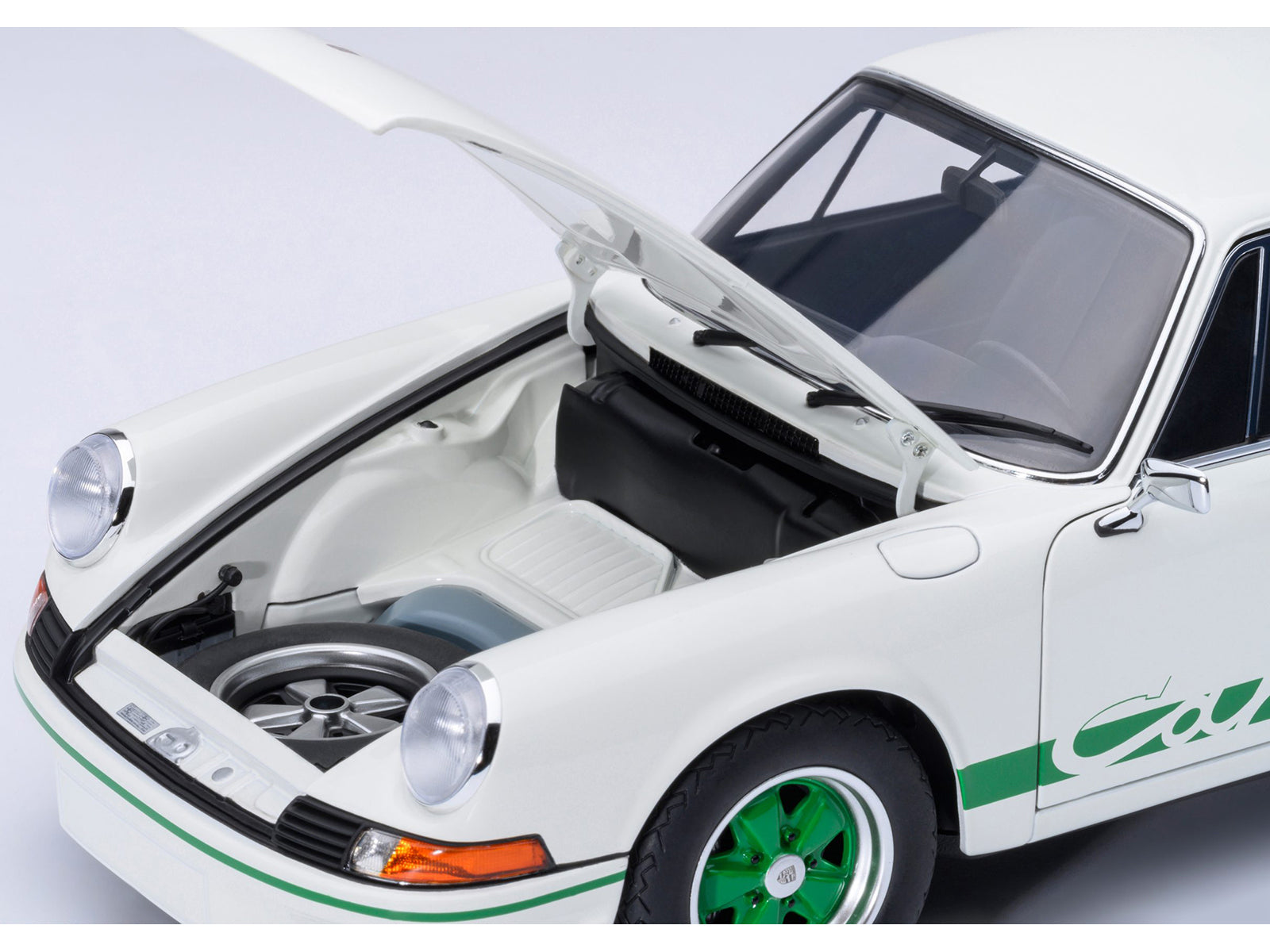 Porsche 911 Carrera 2.7 RS Grand Prix White with Green Stripes and Wheels 1/18 Model Car by Autoart-DiecastModeler.com