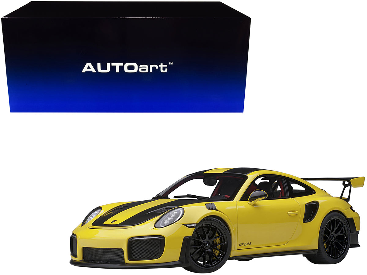 Porsche 911 (991.2) GT2 RS Weissach Package Racing Yellow with Carbon Stripes 1/18 Model Car by Autoart-DiecastModeler.com