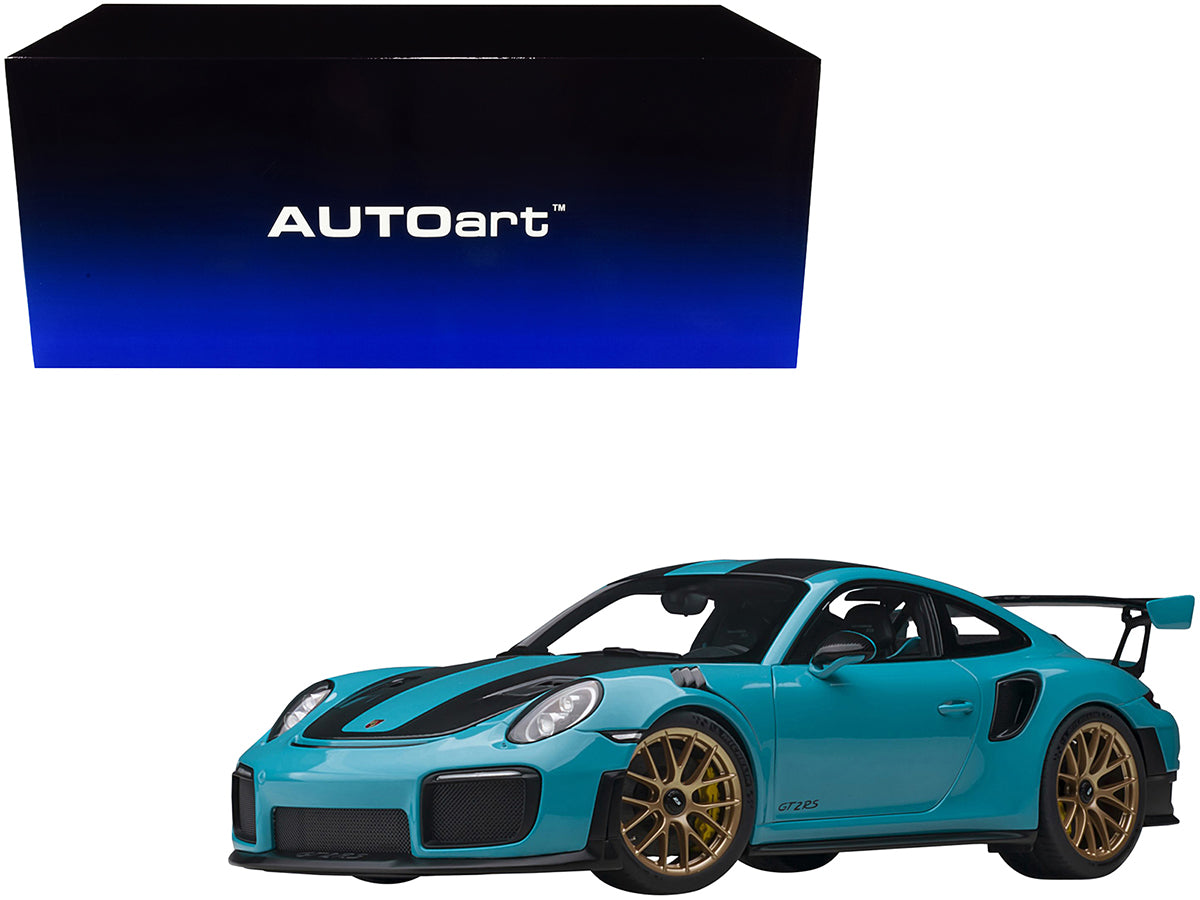 Porsche 911 (991.2) GT2 RS Weissach Package Miami Blue with Carbon Stripes 1/18 Model Car by Autoart-DiecastModeler.com