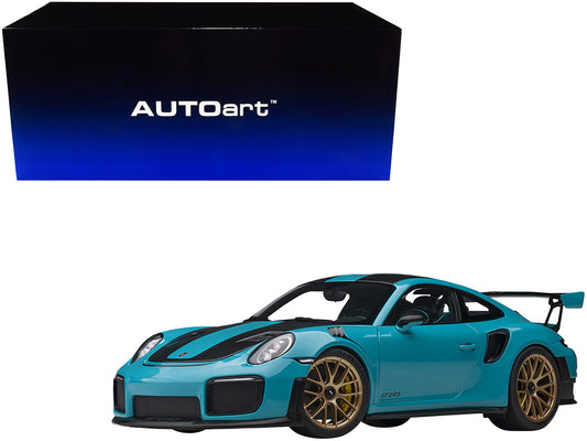 Porsche 911 (991.2) GT2 RS Weissach Package Miami Blue with Carbon Stripes 1/18 Model Car by Autoart-DiecastModeler.com