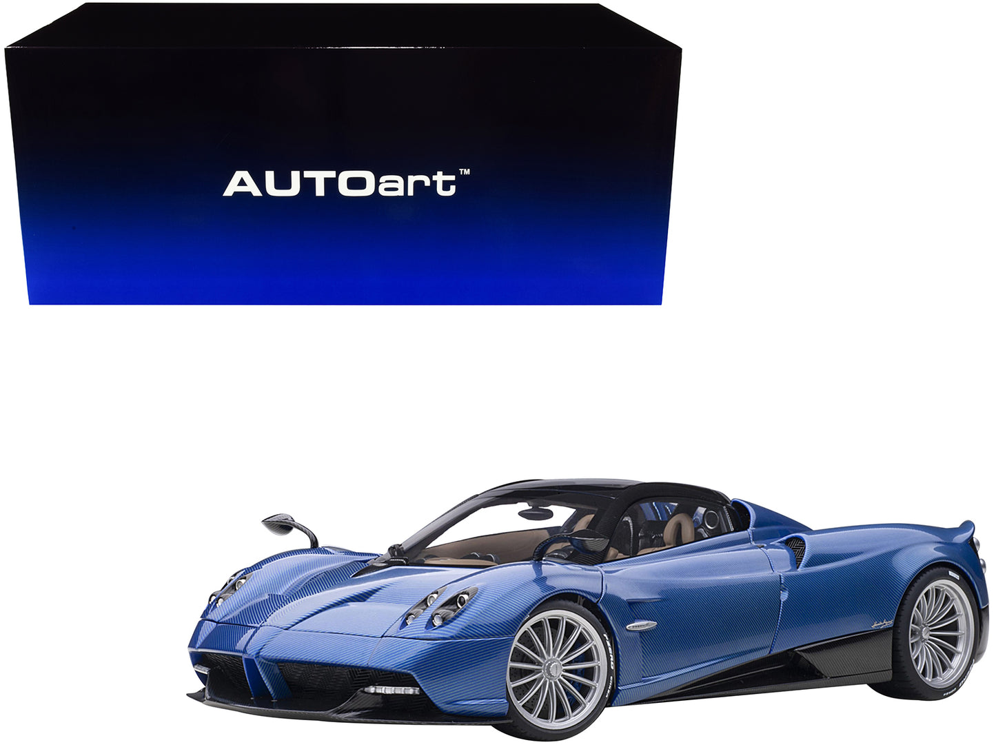 Pagani Huayra Roadster Blue Tricolore Carbon Fiber with Black Top with Luggage Set 1/18 Model Car by Autoart-DiecastModeler.com
