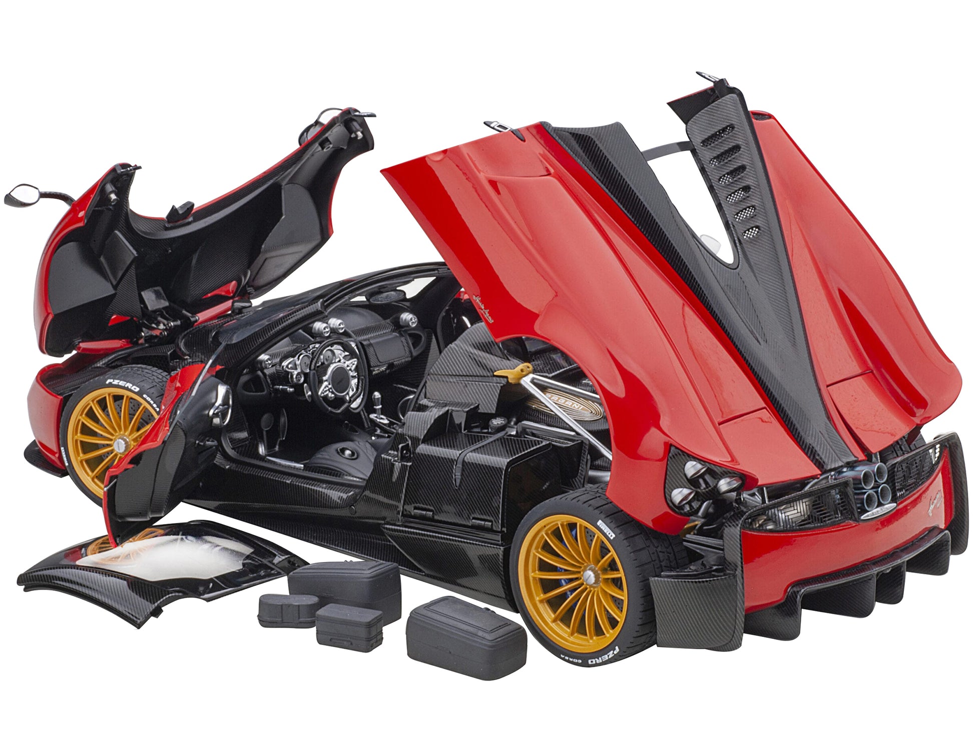 Pagani Huayra Roadster Rosso Monza Red and Carbon with Luggage Set 1/18 Model Car by Autoart-DiecastModeler.com