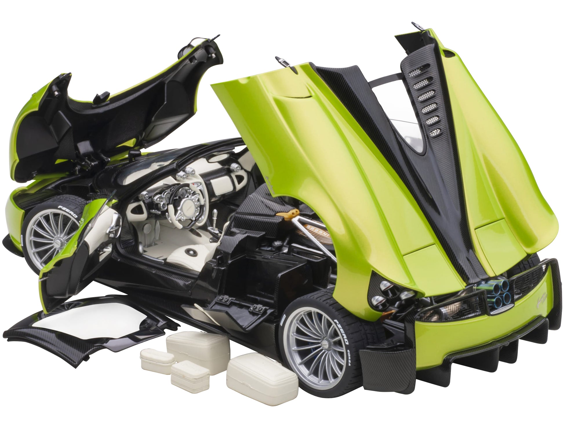Pagani Huayra Roadster Verde Firenze Green Metallic and Carbon with Luggage Set 1/18 Model Car by Autoart-DiecastModeler.com