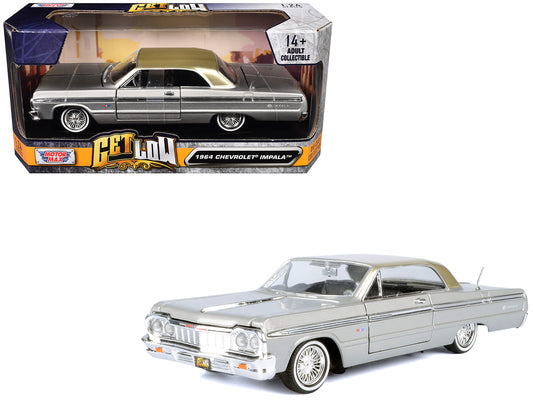 1964 Chevrolet Impala Lowrider Hard Top Silver Metallic with Gold Metallic Top "Get Low" Series 1/24 Diecast Model Car by Motormax