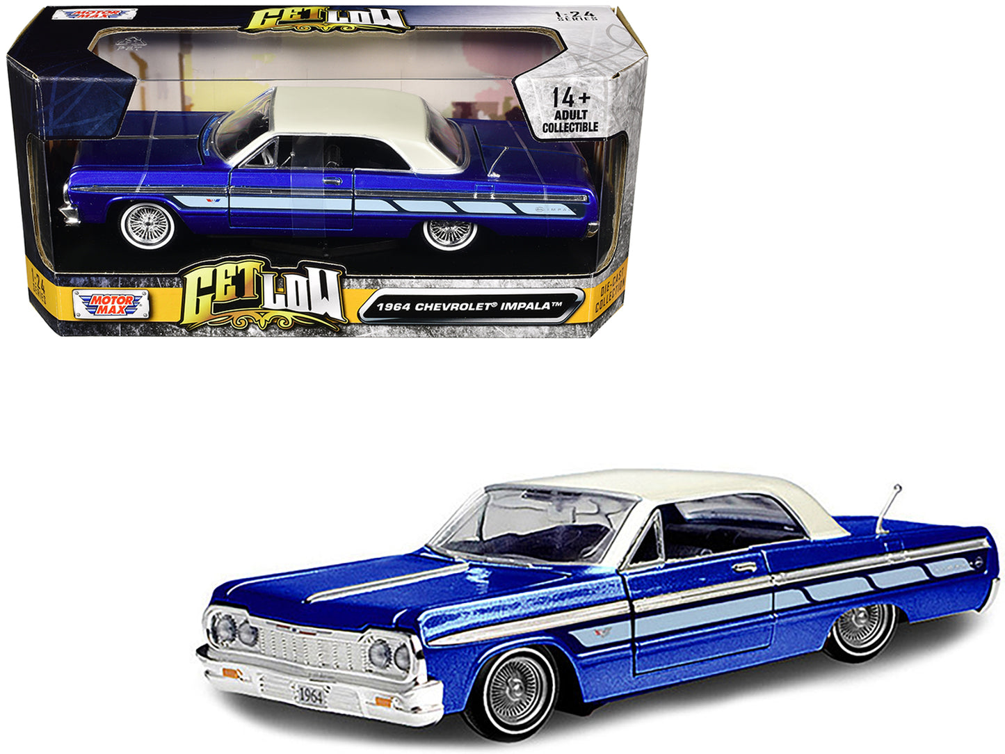 1964 Chevrolet Impala Lowrider Hard Top Candy Blue Metallic with Cream Top "Get Low" Series 1/24 Diecast Model Car by Motormax-DiecastModeler.com