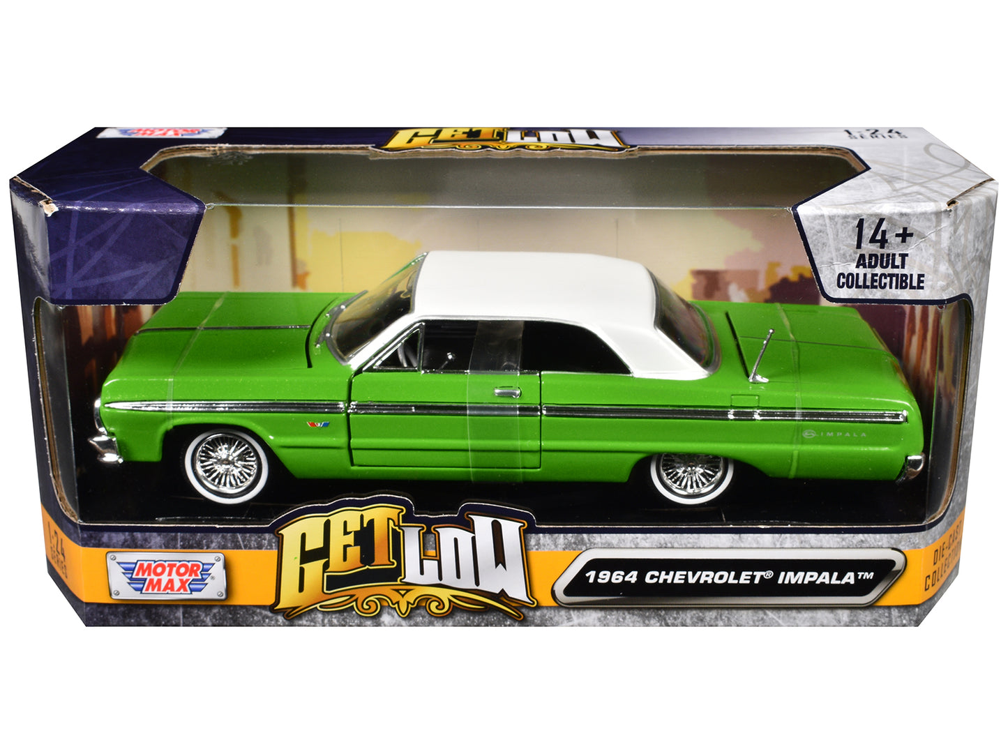 1964 Chevrolet Impala Lowrider Hard Top Green with White Top "Get Low" Series 1/24 Diecast Model Car by Motormax