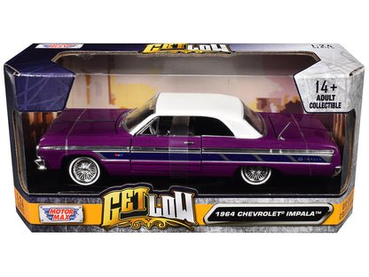 1964 Chevrolet Impala Lowrider Hard Top Purple Metallic with White Top "Get Low" Series 1/24 Diecast Model Car by Motormax
