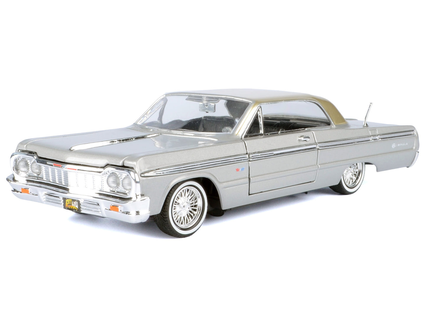 1964 Chevrolet Impala Lowrider Hard Top Silver Metallic with Gold Metallic Top "Get Low" Series 1/24 Diecast Model Car by Motormax-DiecastModeler.com