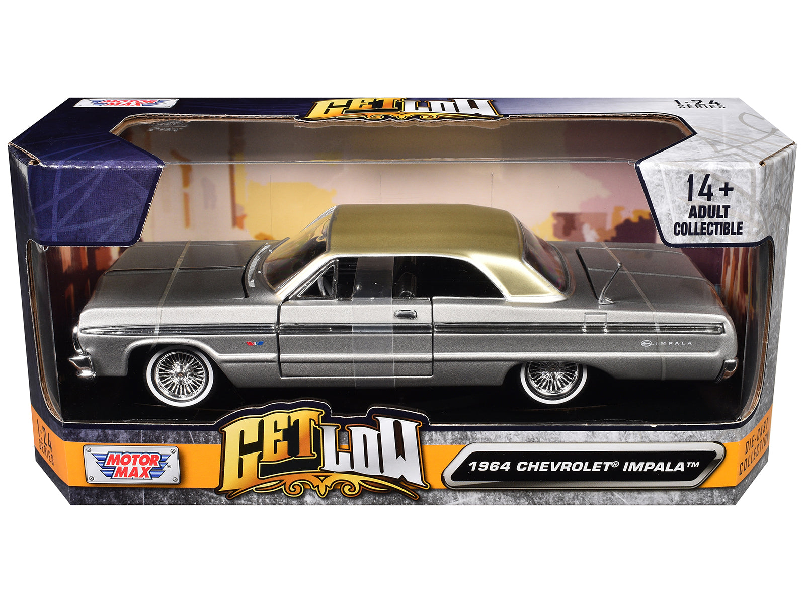 1964 Chevrolet Impala Lowrider Hard Top Silver Metallic with Gold Metallic Top "Get Low" Series 1/24 Diecast Model Car by Motormax-DiecastModeler.com