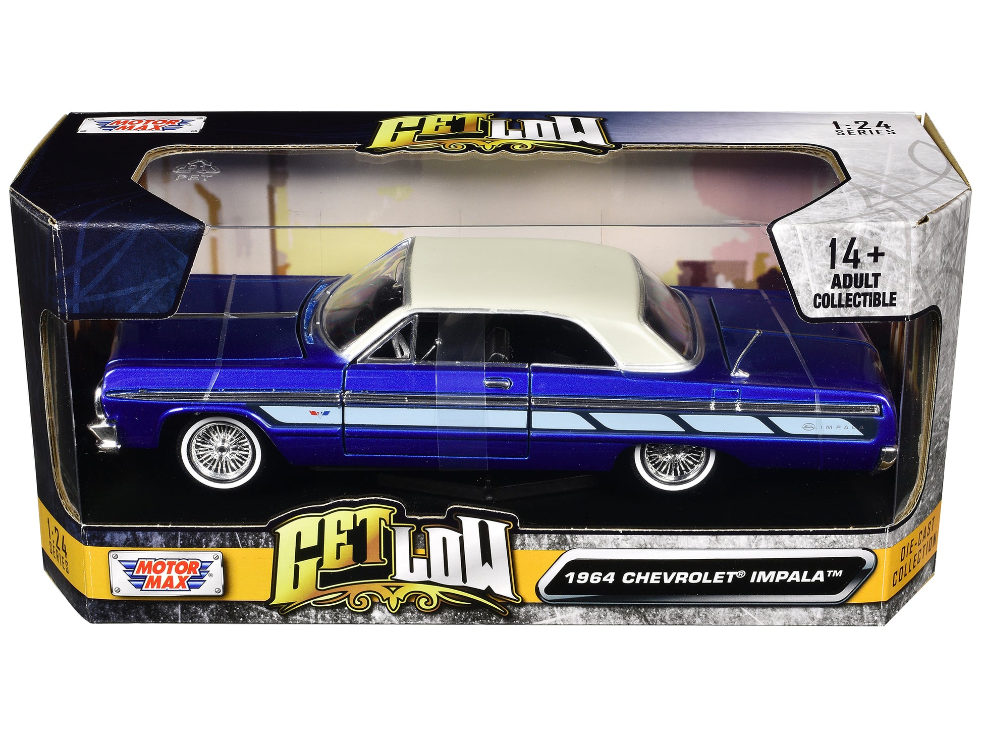 1964 Chevrolet Impala Lowrider Hard Top Candy Blue Metallic with Cream Top "Get Low" Series 1/24 Diecast Model Car by Motormax-DiecastModeler.com